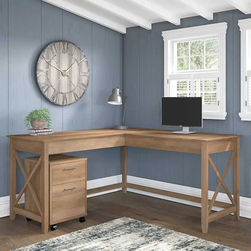 Key West 60W L Shaped Desk with Mobile File Cabinet by Bush Furniture