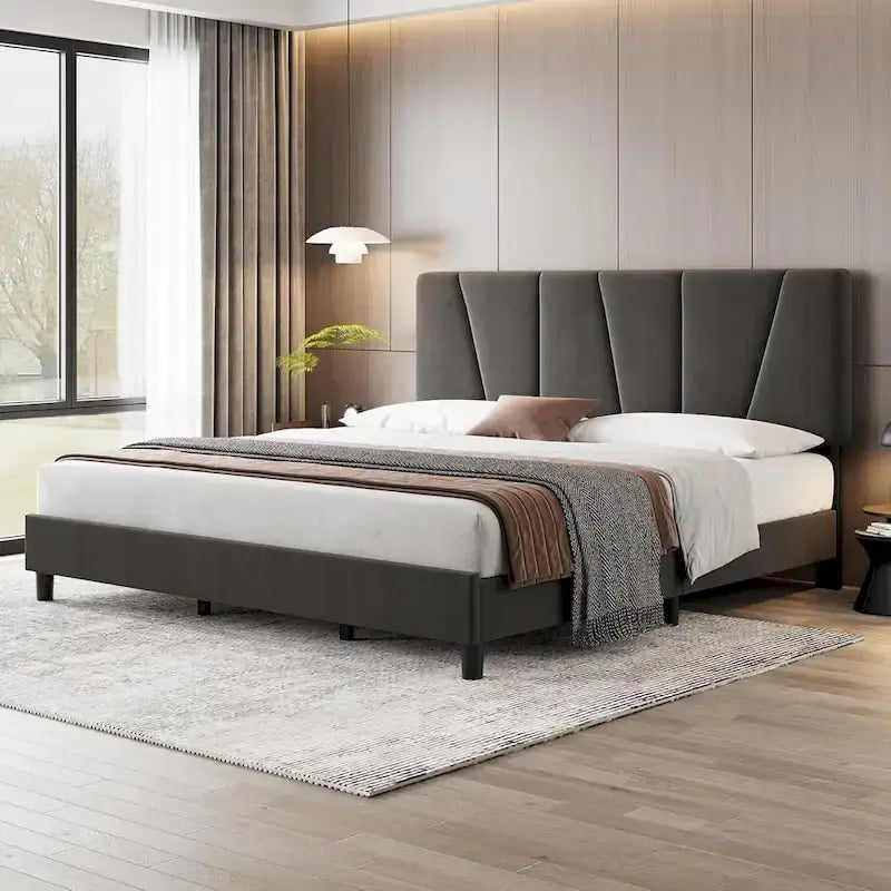 Linen Upholstered Platform Bed Frame with Strong Wooden Slats