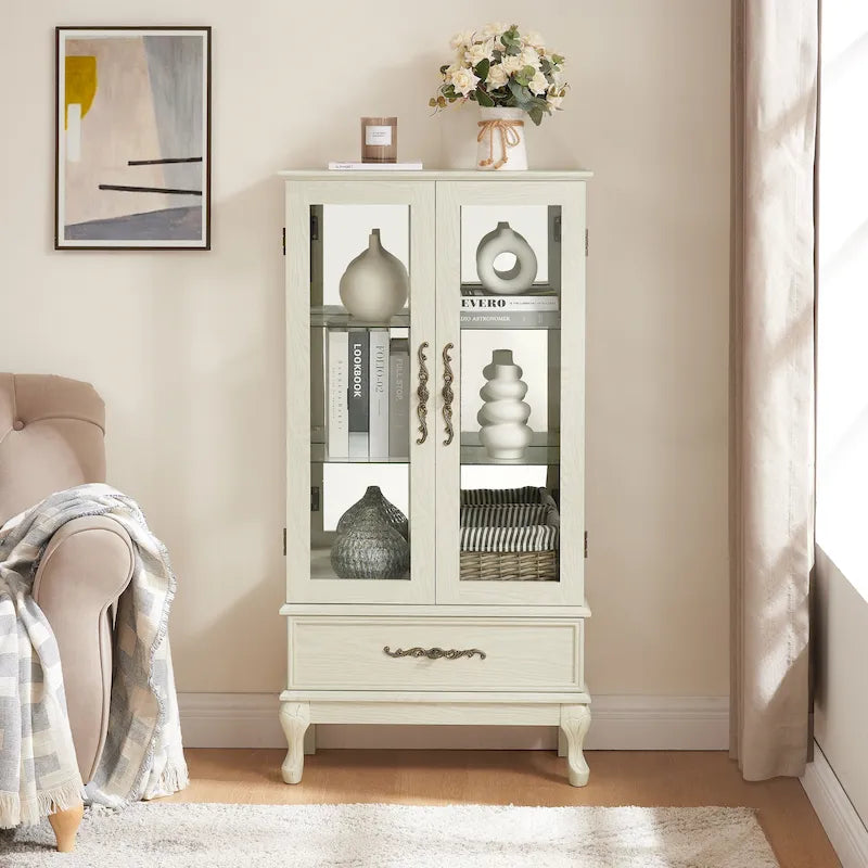Lighted Glass Cabinet Curio Display Cabinet with Adjustable Glass Shelves 2 Doors and 1 drawer, Glass Wine Cabinet