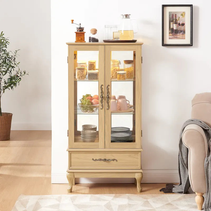 Lighted Glass Cabinet Curio Display Cabinet with Adjustable Glass Shelves 2 Doors and 1 drawer, Glass Wine Cabinet