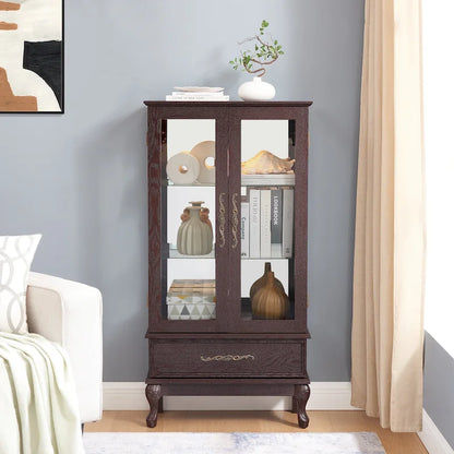 Lighted Glass Cabinet Curio Display Cabinet with Adjustable Glass Shelves 2 Doors and 1 drawer, Glass Wine Cabinet