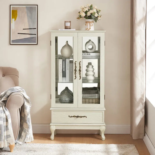 Lighted Glass Cabinet Curio Display Cabinet with Adjustable Glass Shelves 2 Doors and 1 drawer, Glass Wine Cabinet