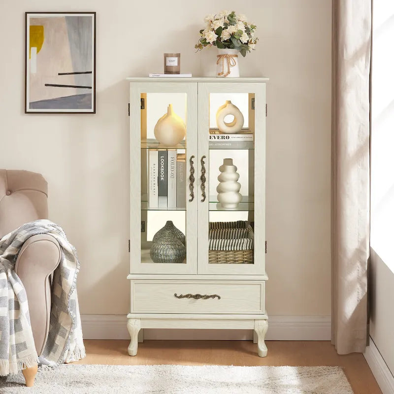 Lighted Glass Cabinet Curio Display Cabinet with Adjustable Glass Shelves 2 Doors and 1 drawer, Glass Wine Cabinet