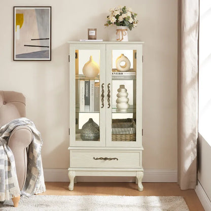 Lighted Glass Cabinet Curio Display Cabinet with Adjustable Glass Shelves 2 Doors and 1 drawer, Glass Wine Cabinet