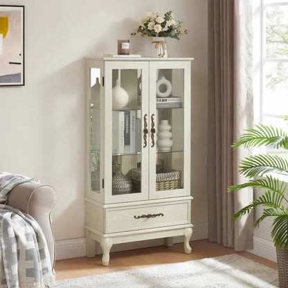 Lighted Glass Cabinet Curio Display Cabinet with Adjustable Glass Shelves 2 Doors and 1 drawer, Glass Wine Cabinet