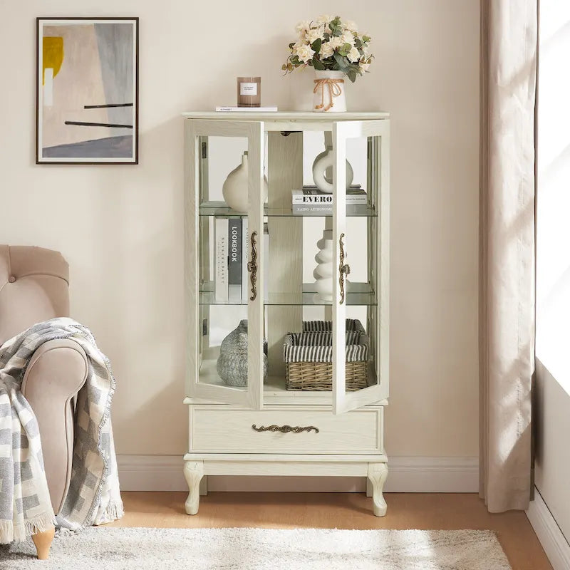 Lighted Glass Cabinet Curio Display Cabinet with Adjustable Glass Shelves 2 Doors and 1 drawer, Glass Wine Cabinet