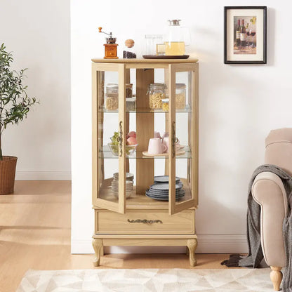 Lighted Glass Cabinet Curio Display Cabinet with Adjustable Glass Shelves 2 Doors and 1 drawer, Glass Wine Cabinet