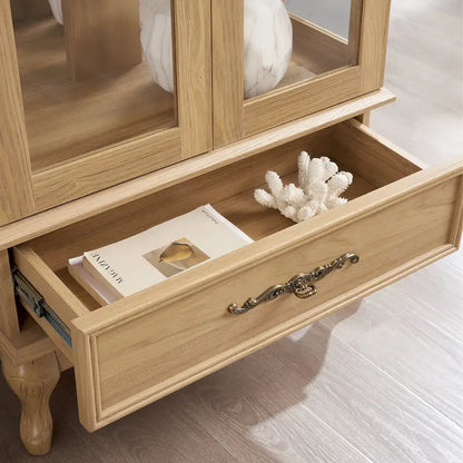 Lighted Glass Cabinet Curio Display Cabinet with Adjustable Glass Shelves 2 Doors and 1 drawer, Glass Wine Cabinet