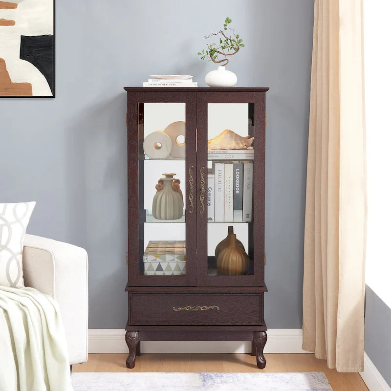 Lighted Glass Cabinet Curio Display Cabinet with Adjustable Glass Shelves 2 Doors and 1 drawer, Glass Wine Cabinet
