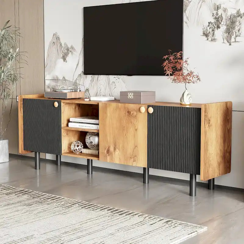 Mid Century TV Stand with 3 Cabinets,Media Console Table for TVs up to 70,Entertainment Center with Storage for Living room