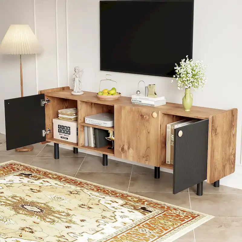 Mid Century TV Stand with 3 Cabinets,Media Console Table for TVs up to 70,Entertainment Center with Storage for Living room