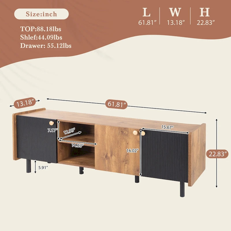 Mid Century TV Stand with 3 Cabinets,Media Console Table for TVs up to 70,Entertainment Center with Storage for Living room