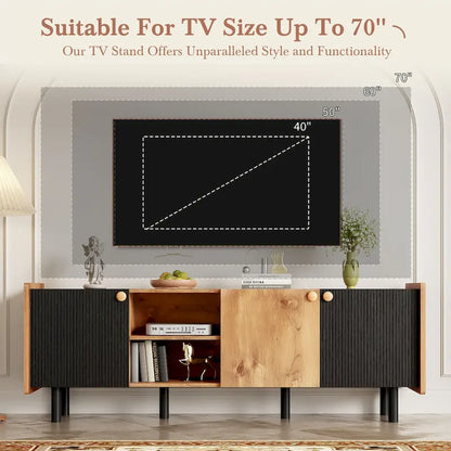 Mid Century TV Stand with 3 Cabinets,Media Console Table for TVs up to 70,Entertainment Center with Storage for Living room