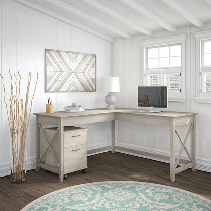 Key West 60W L Shaped Desk with Mobile File Cabinet by Bush Furniture