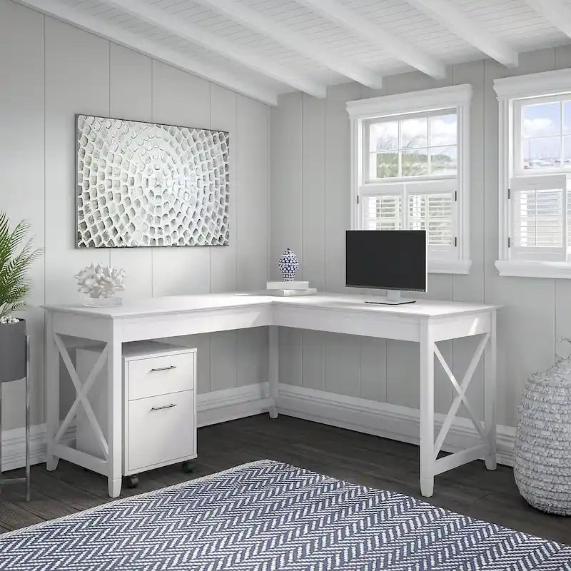 Key West 60W L Shaped Desk with Mobile File Cabinet by Bush Furniture