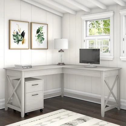 Key West 60W L Shaped Desk with Mobile File Cabinet by Bush Furniture