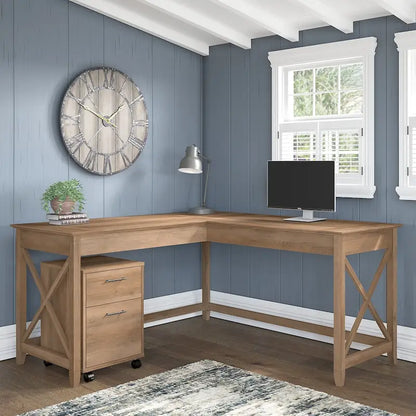 Key West 60W L Shaped Desk with Mobile File Cabinet by Bush Furniture
