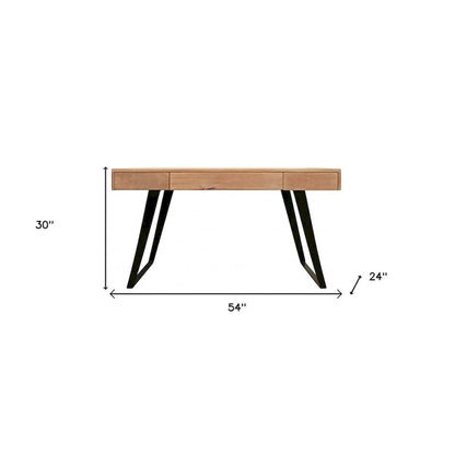 54 Natural and Black Mango Solid Wood Writing Desk With Three Drawers