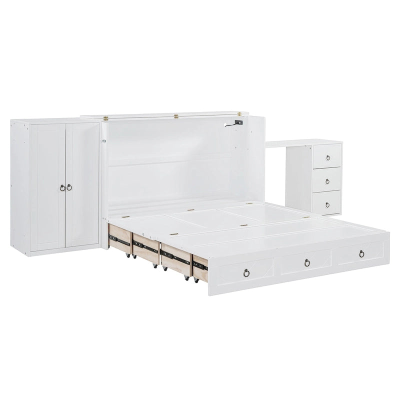 Queen Size Murphy Bed with USB Port, Large Drawer, and Wardrobe/Desk Combo