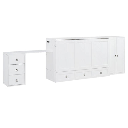 Queen Size Murphy Bed with USB Port, Large Drawer, and Wardrobe/Desk Combo