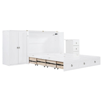 Queen Size Murphy Bed with USB Port, Large Drawer, and Wardrobe/Desk Combo
