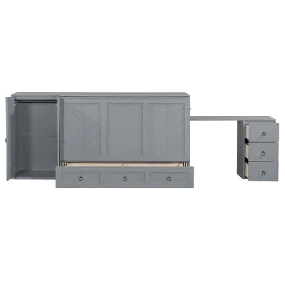 Queen Size Murphy Bed with USB Port, Large Drawer, and Wardrobe/Desk Combo