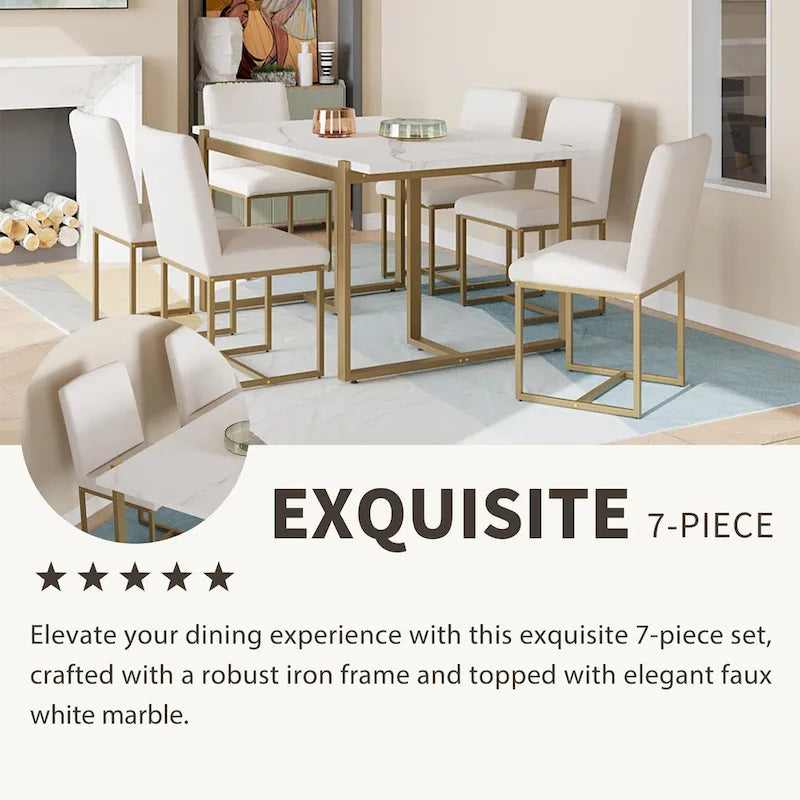 GDFStudio - Carter Modern Rectangular Dining Set with Faux Marble Table and Six Upholstered Chairs