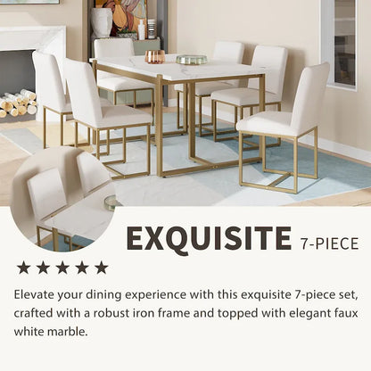 GDFStudio - Carter Modern Rectangular Dining Set with Faux Marble Table and Six Upholstered Chairs