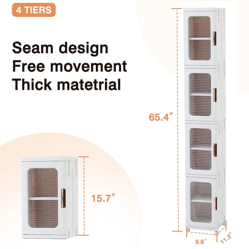 4-Tier Plastic Tall Narrow Storage Cabinet with Movable Wheels, Slim Bathroom Organizers and Storage for Small Space