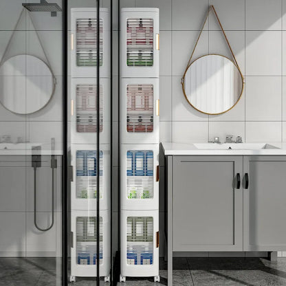 4-Tier Plastic Tall Narrow Storage Cabinet with Movable Wheels, Slim Bathroom Organizers and Storage for Small Space