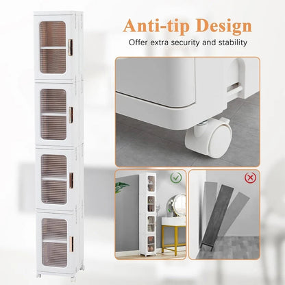 4-Tier Plastic Tall Narrow Storage Cabinet with Movable Wheels, Slim Bathroom Organizers and Storage for Small Space