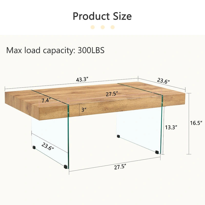 Rectangular Coffee Table with Tempered Glass Legs Wood Side Tables Wood Center Tables for Living Room Reception Room
