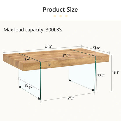 Rectangular Coffee Table with Tempered Glass Legs Wood Side Tables Wood Center Tables for Living Room Reception Room