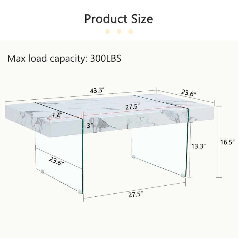 Rectangular Coffee Table with Tempered Glass Legs Wood Side Tables Wood Center Tables for Living Room Reception Room