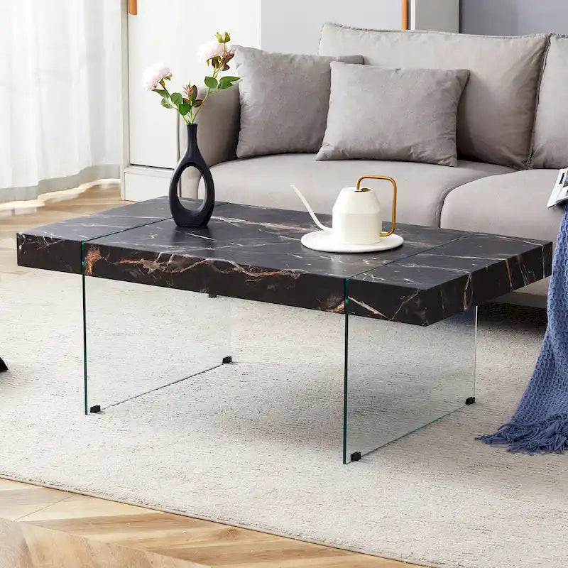 Rectangular Coffee Table with Tempered Glass Legs Wood Side Tables Wood Center Tables for Living Room Reception Room