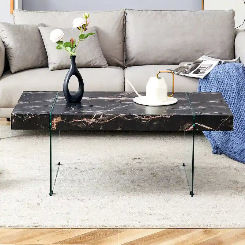 Rectangular Coffee Table with Tempered Glass Legs Wood Side Tables Wood Center Tables for Living Room Reception Room
