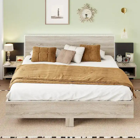 Modern King Floating Bed Frame Wooden LED Storage Platform Bed with 2 Bedside Nightstand and LED Lights