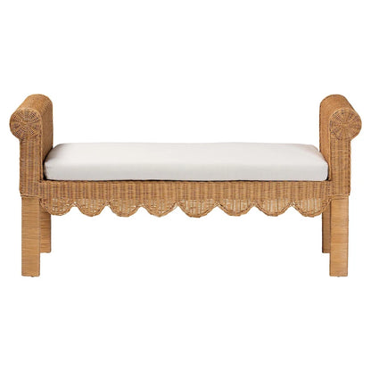 Reiko Handwoven Natural Rattan Bench with Scalloped Detailing - Boho Farmhouse Entryway, Bedroom, or Living Room Seating