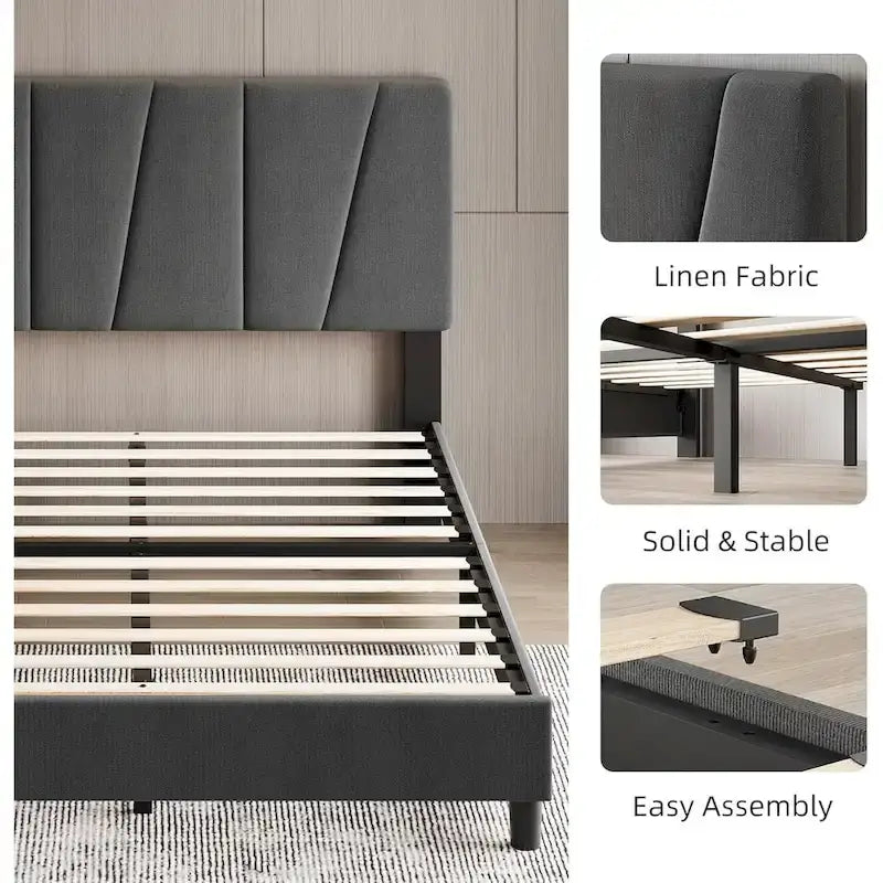Linen Upholstered Platform Bed Frame with Strong Wooden Slats