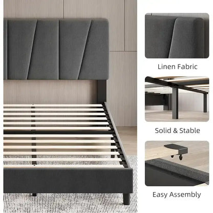 Linen Upholstered Platform Bed Frame with Strong Wooden Slats