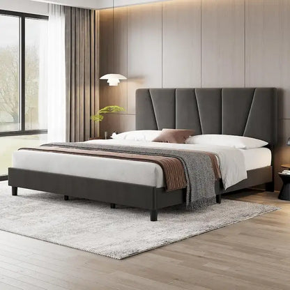 Linen Upholstered Platform Bed Frame with Strong Wooden Slats