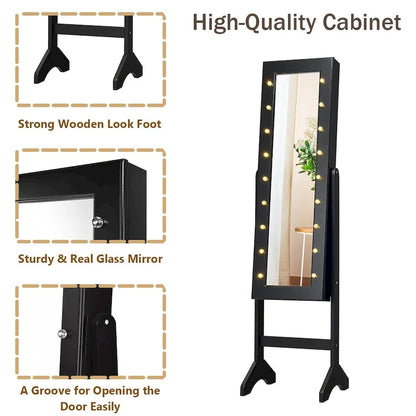 Costway Mirrored Jewelry Cabinet Organizer w/18 LED lights Black