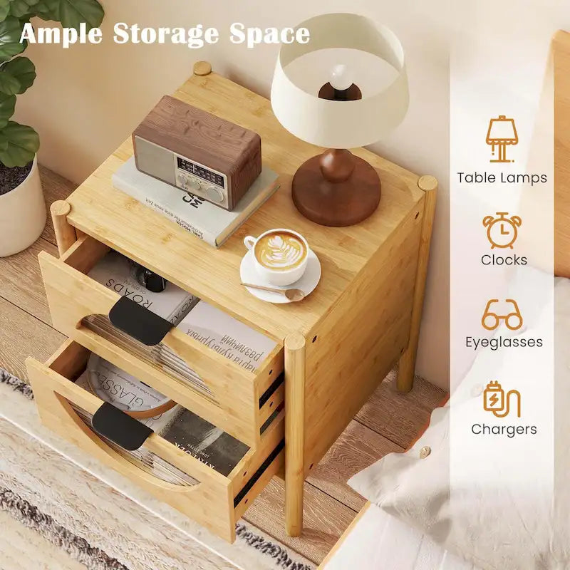 Costway 1/2 PCS Bamboo Nightstand with 2 Storage Drawers & Reeded