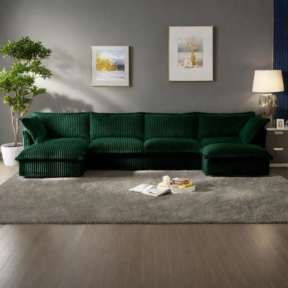 156.6 Corduroy U-Shape 4-Seater Sectional Sofa with Removable Slipcover, Deep Seat Design and French Edge Detailing