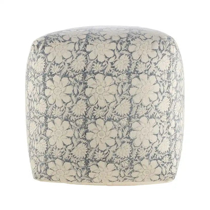 20 Navy Blue and White Floral Handmade Square Pouf Ottoman