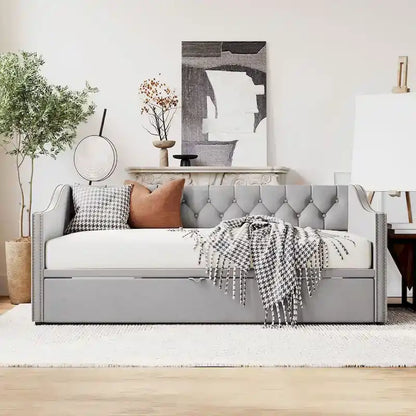 Twin Size Upholstered Daybed with Pop Up Trundle, Gray