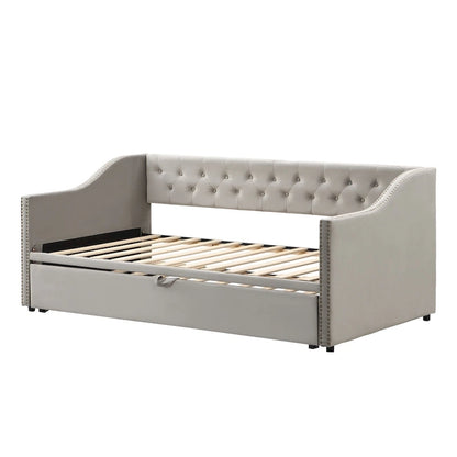 Twin Size Upholstered Daybed with Pop Up Trundle, Gray