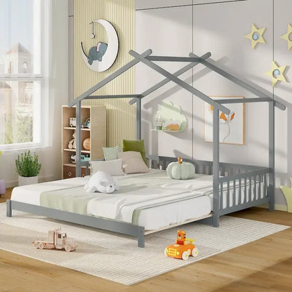 Gymax Wooden House Bed Twin to King Daybed w/ Safety Rails & Decorable