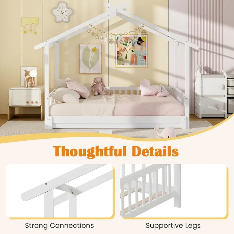 Gymax Wooden House Bed Twin to King Daybed w/ Safety Rails & Decorable