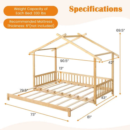 Gymax Wooden House Bed Twin to King Daybed w/ Safety Rails & Decorable